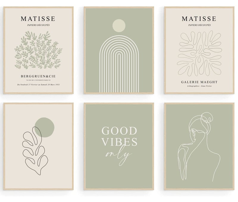 KBKBART SAGE GREEN MATISSE Wall Art Prints Abstract Matisse Wall Art Exhibition Pincters Minimalist Women Body Line Leaf Boho Art Prints Decor - Image 1
