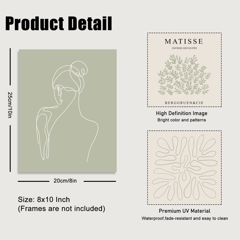 KBKBART SAGE GREEN MATISSE Wall Art Prints Abstract Matisse Wall Art Exhibition Pincters Minimalist Women Body Line Leaf Boho Art Prints Decor - Image 5