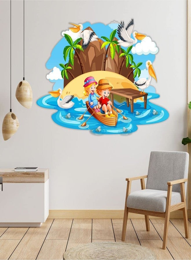 CVANU Cute Children Playing in Water On Boat with Happiness Wall Sticker PVC Vinyl for Home Decor Size(57.5CM X 90CM) Multicolor - Image 2
