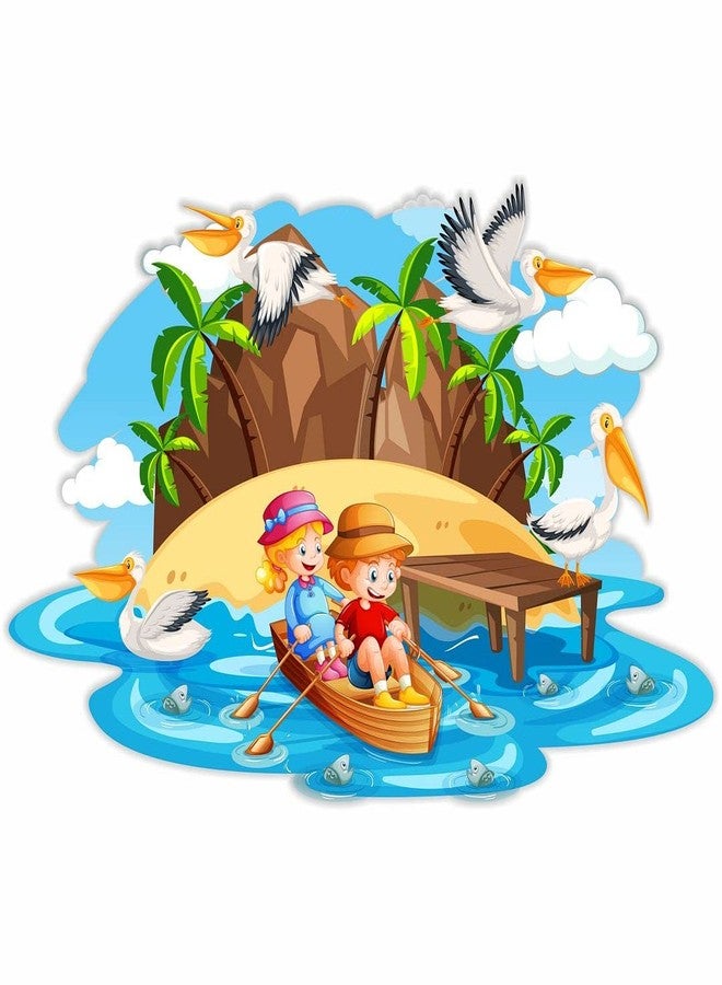 CVANU Cute Children Playing in Water On Boat with Happiness Wall Sticker PVC Vinyl for Home Decor Size(57.5CM X 90CM) Multicolor - Image 1