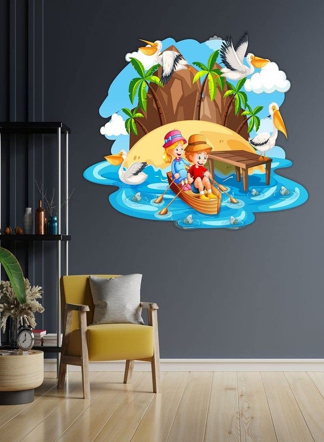 CVANU Cute Children Playing in Water On Boat with Happiness Wall Sticker PVC Vinyl for Home Decor Size(57.5CM X 90CM) Multicolor - Image 3