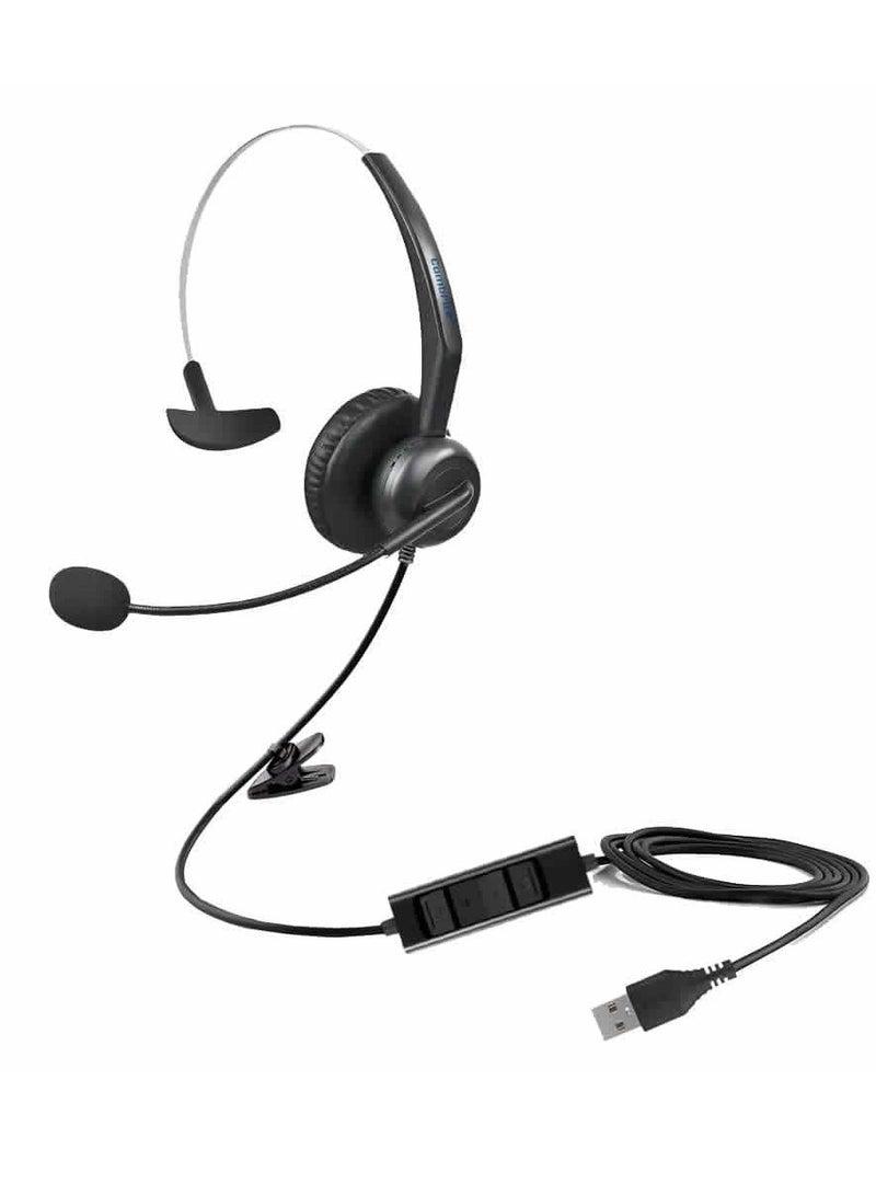 USB Single Ear Headset with Noise-Canceling Microphone, Adjustable Headband, and In-Line Audio Controls for PC, Laptop, Office, Call Center, Skype, and Zoom Meetings.  - Image 1