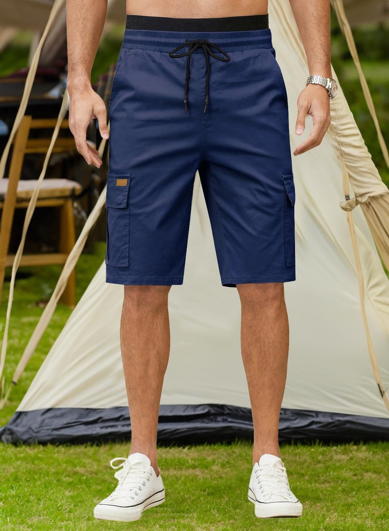 JMIERR Mens Casual Twill Cargo Shorts Cotton Drawstring Classic Cargo Chino Stretch Short with 6 Pockets for Men, US36(L), A Blue - Image 1