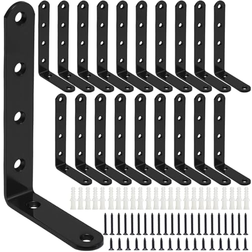 Vyndicca 20 PCS Corner Brace Black L Bracket for Shelves Furniture Wood Heavy Duty Shelf Brackets Wall Hanging Joint Angle with Screws 295 x 492 Inch Metal Shelving Brackets - Image 1