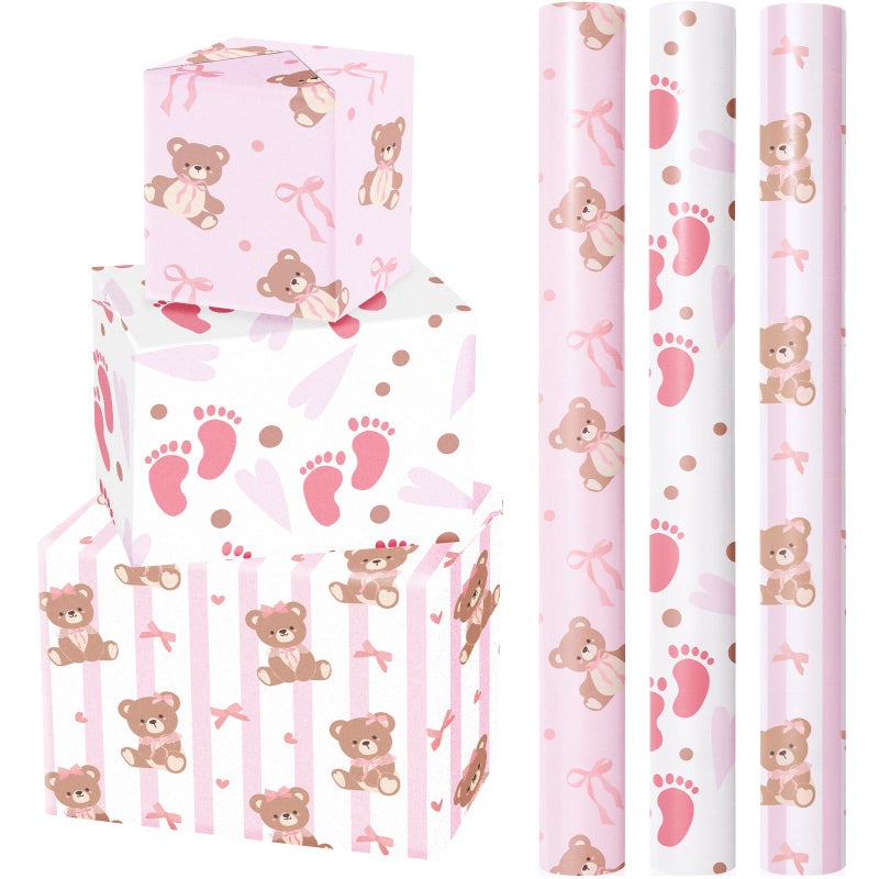 WRAPAHOLIC Bear Baby Shower Wrapping Paper Mini Roll 3 Rolls 17 Inch x 120 Inch Coquette Teddy Bear with Pink Ribbon Bow Wrapping Paper for Baby Shower Girls Birthday