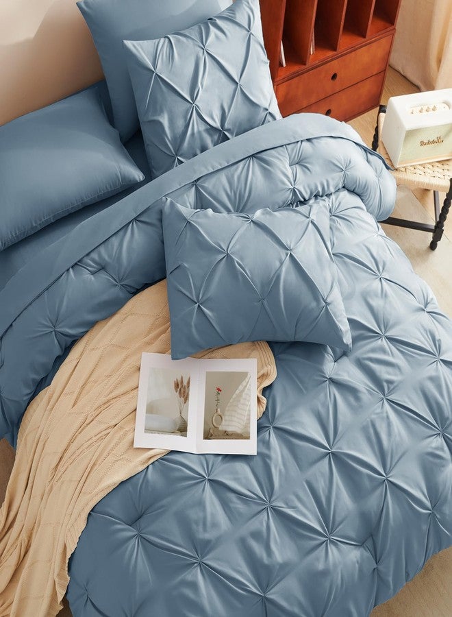 CozyLux Full Size Comforter Sets Mineral Blue, 7 Pieces Pintuck Bed in A Bag Blue Comforter Full Size, Pinch Pleat Bedding Sets with All Season Comforter, Flat Sheet, Fitted Sheet, Pillowcases & Shams - Image 4