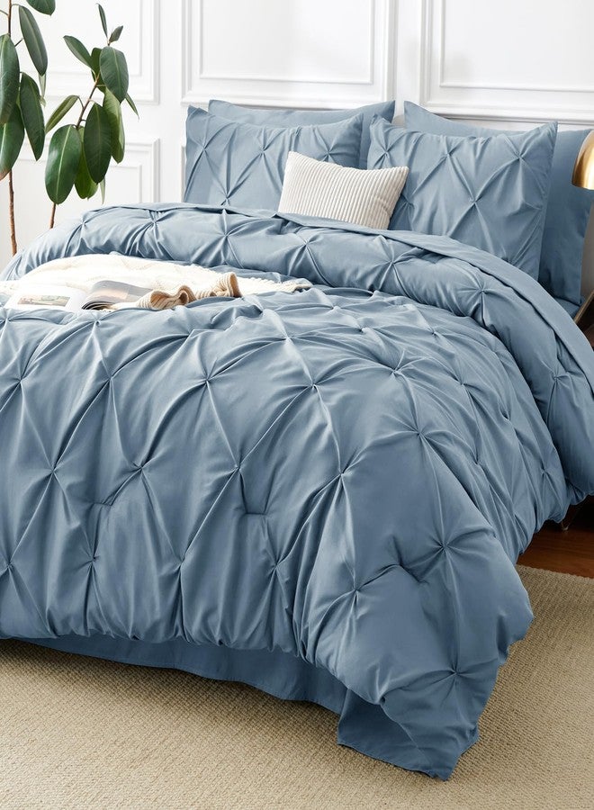 CozyLux Full Size Comforter Sets Mineral Blue, 7 Pieces Pintuck Bed in A Bag Blue Comforter Full Size, Pinch Pleat Bedding Sets with All Season Comforter, Flat Sheet, Fitted Sheet, Pillowcases & Shams - Image 1