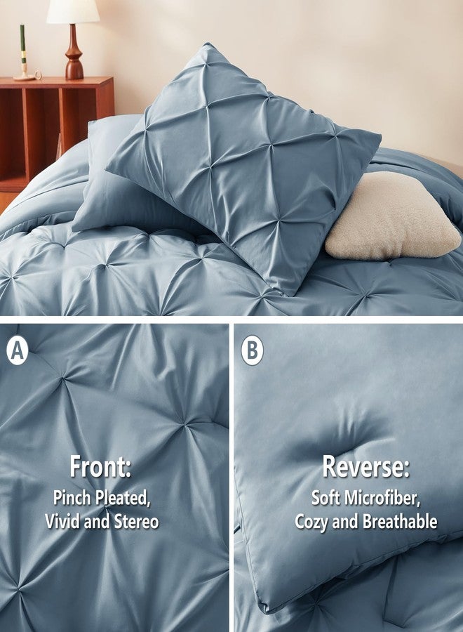 CozyLux Full Size Comforter Sets Mineral Blue, 7 Pieces Pintuck Bed in A Bag Blue Comforter Full Size, Pinch Pleat Bedding Sets with All Season Comforter, Flat Sheet, Fitted Sheet, Pillowcases & Shams - Image 3
