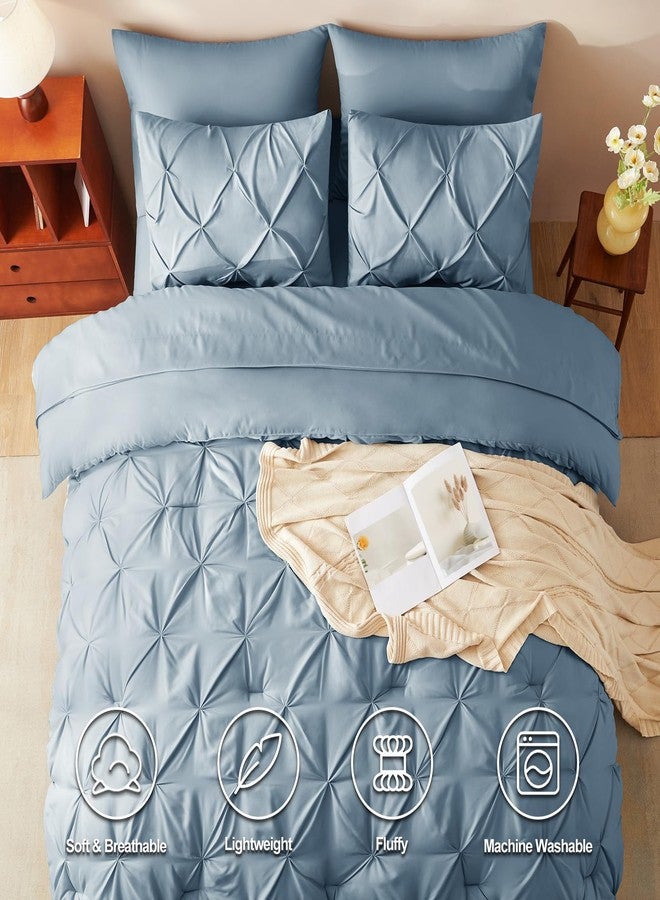 CozyLux Full Size Comforter Sets Mineral Blue, 7 Pieces Pintuck Bed in A Bag Blue Comforter Full Size, Pinch Pleat Bedding Sets with All Season Comforter, Flat Sheet, Fitted Sheet, Pillowcases & Shams - Image 2