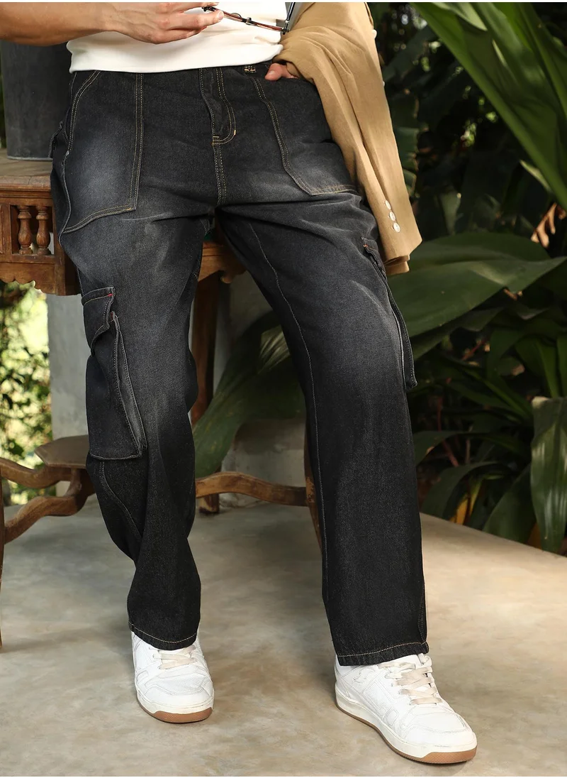 كامبوس سوترا Campus Sutra Men's Charcoal Black Washed Carpenter-Utility Denim Jeans For Casual Wear | Mid-Rise | Straight Fit | Button Closure | Denim Jeans Crafted With Comfort Fit For Everyday Wear