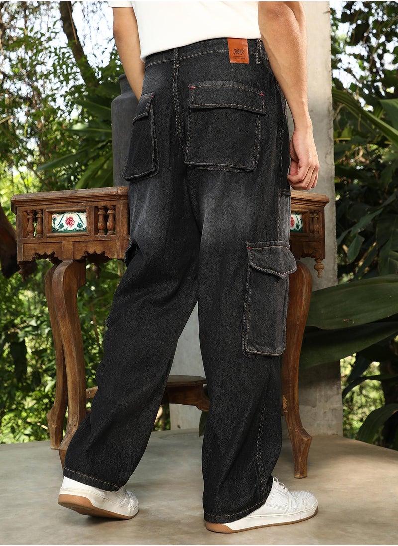 Campus Sutra Campus Sutra Men's Charcoal Black Washed Carpenter-Utility Denim Jeans For Casual Wear | Mid-Rise | Straight Fit | Button Closure | Denim Jeans Crafted With Comfort Fit For Everyday Wear  - Image 5