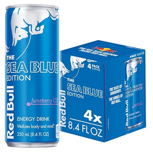 Red Bull Sea Blue Edition Energy Drink, Juneberry, with 80mg Caffeine plus Taurine & B Vitamins, 8.4 Fl Oz, Pack of 4 Cans - Image 1