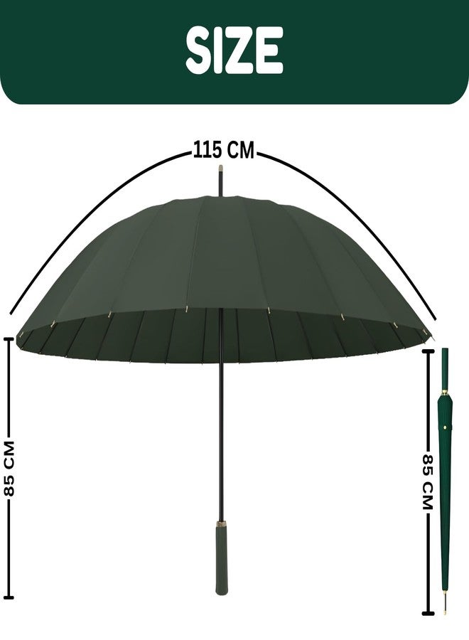 JRM 24 Ribs Auto Open Umbrella | Large Windproof Straight Handle Umbrella for Men & Women | Heavy Duty 3 Fold Travel for Outdoor, Rain, Fishing, Camping (GREEN) - Image 4