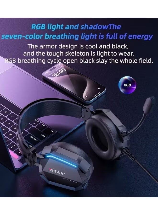Yesido EK03 Wired Gaming Headset with Omnidirectional Mic, LED Lighting, Hi-Res Audio, Stereo Surround Sound, Over-Ear Cushioned Headphones, Adjustable Headband for PC, Laptop, Console, Music & Gaming, Black - Image 3