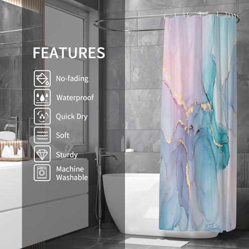 Gibelle Abstract Marble Shower Curtain, Watercolor Pink Turquoise Shower Curtain for Bathroom, Modern Ink Art Decor Waterproof Fabric Shower Curtain Set with Hooks, 71x71 - Image 2