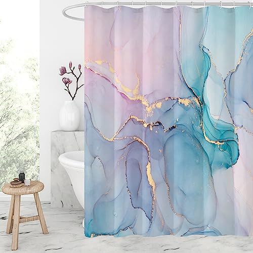 Gibelle Abstract Marble Shower Curtain, Watercolor Pink Turquoise Shower Curtain for Bathroom, Modern Ink Art Decor Waterproof Fabric Shower Curtain Set with Hooks, 71x71 - Image 1