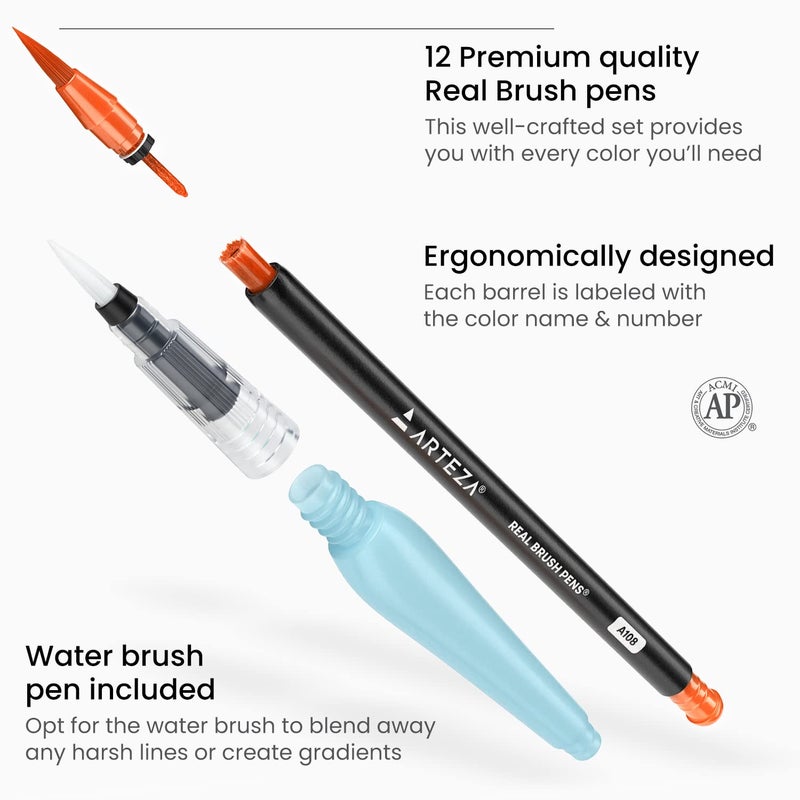 ARTEZA Real Brush Pens, 12 Watercolor Pens, Drawing Markers with Flexible Brush Tips, Watercolor Markers for Artists, and Beginners - Image 4