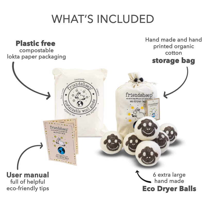 Friendsheep Wool Dryer Balls, Organic Reusable Fabric Softener Alternative for Laundry, Handmade, Fair Trade, Hypoallergenic, Eco-Friendly, Plastic-Free (6 Pack XL â€“ Sheep Flock of Friends) - Image 4