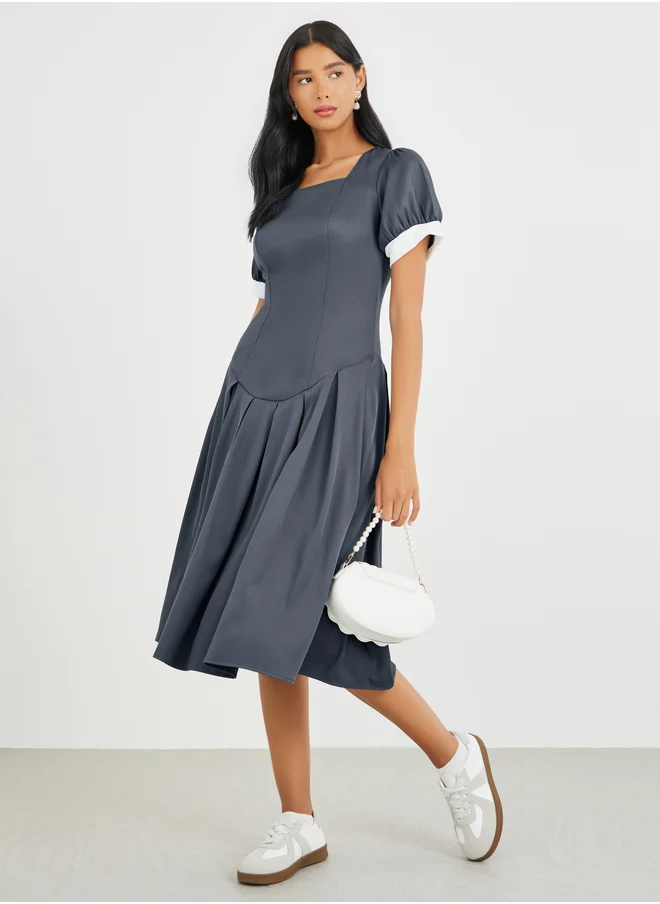 Take Two Take Two Solid Pleated Square Neck Puff Sleeve Midi Dress
