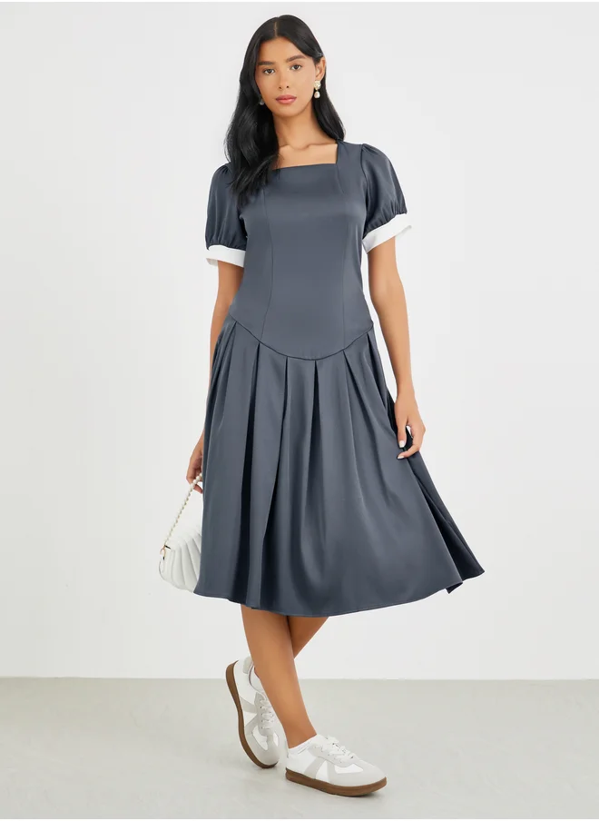 Take Two Take Two Solid Pleated Square Neck Puff Sleeve Midi Dress