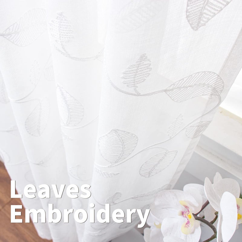 BGment الستائر الشفافة البيضاء أبيض 84 بوصة طول 2 لوحات لغرفة المعيشة مطرزة نمط ورقة الكتان مصباح مصباح ترشيح النافذة شبه مستويات فويل الستائر كل لوحة 52 × 84 بوصة - Image 5