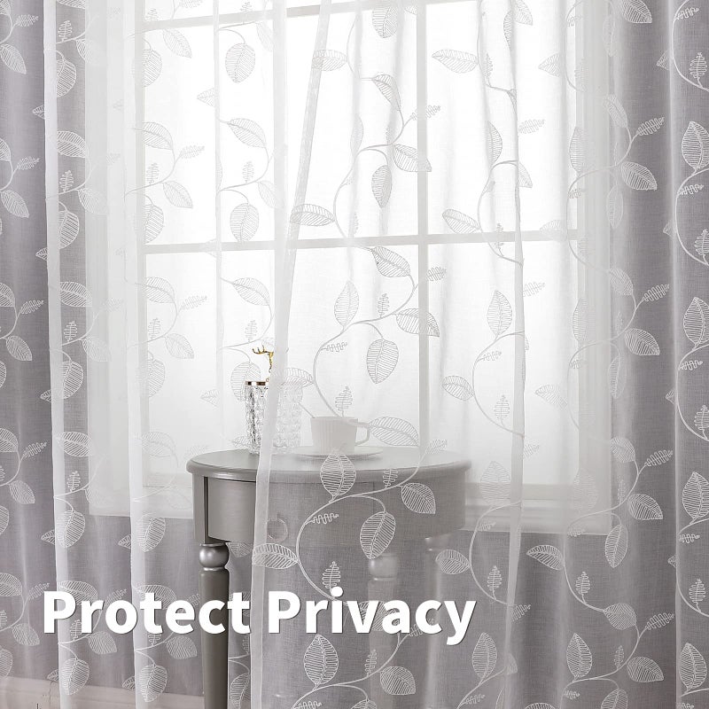 BGment الستائر الشفافة البيضاء أبيض 84 بوصة طول 2 لوحات لغرفة المعيشة مطرزة نمط ورقة الكتان مصباح مصباح ترشيح النافذة شبه مستويات فويل الستائر كل لوحة 52 × 84 بوصة - Image 4