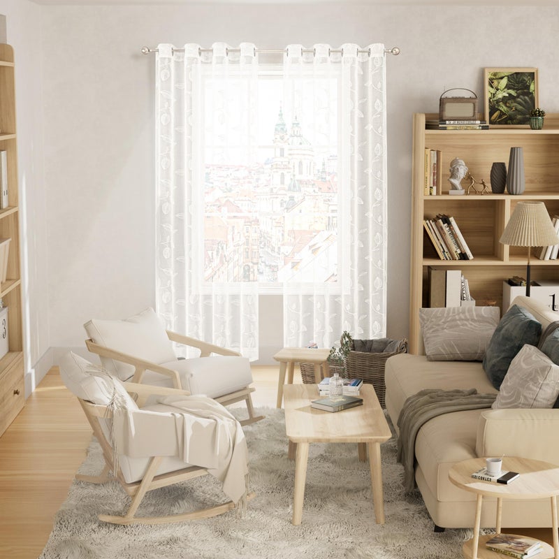 BGment الستائر الشفافة البيضاء أبيض 84 بوصة طول 2 لوحات لغرفة المعيشة مطرزة نمط ورقة الكتان مصباح مصباح ترشيح النافذة شبه مستويات فويل الستائر كل لوحة 52 × 84 بوصة - Image 2