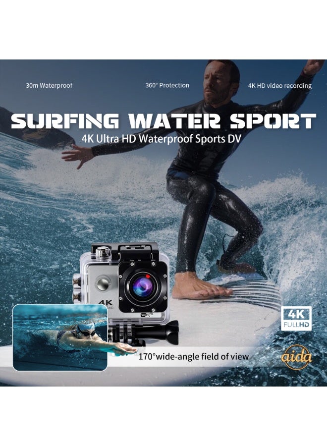 عام كاميرا خوذة، كاميرا مدمجة، كاميرا بانورامية 360 درجة، كاميرا حركة 4K، كاميرا حركة 1080P (مع غلاف مقاوم للماء)، كاميرا خارجية صغيرة ذكية عالية الدقة مقاومة للماء (فضية مع بطاقة ذاكرة 32 جيجابايت). - Image 3