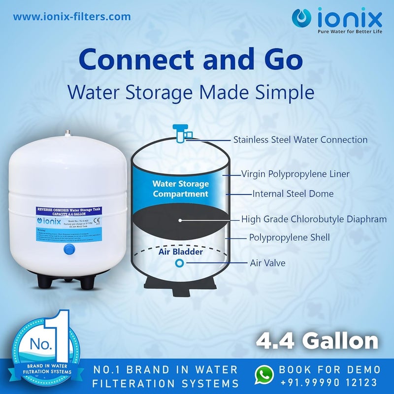 IONIX خزان ضغط معدني مسبق الضغط من إيونكس ستيل 304 مع صمام خزان، سعة 4.4 جالون، مياه صحية لعائلتك، مستخدم من قبل أفضل العلامات التجارية الهندية، خزان ضغط معدني RO - Image 3
