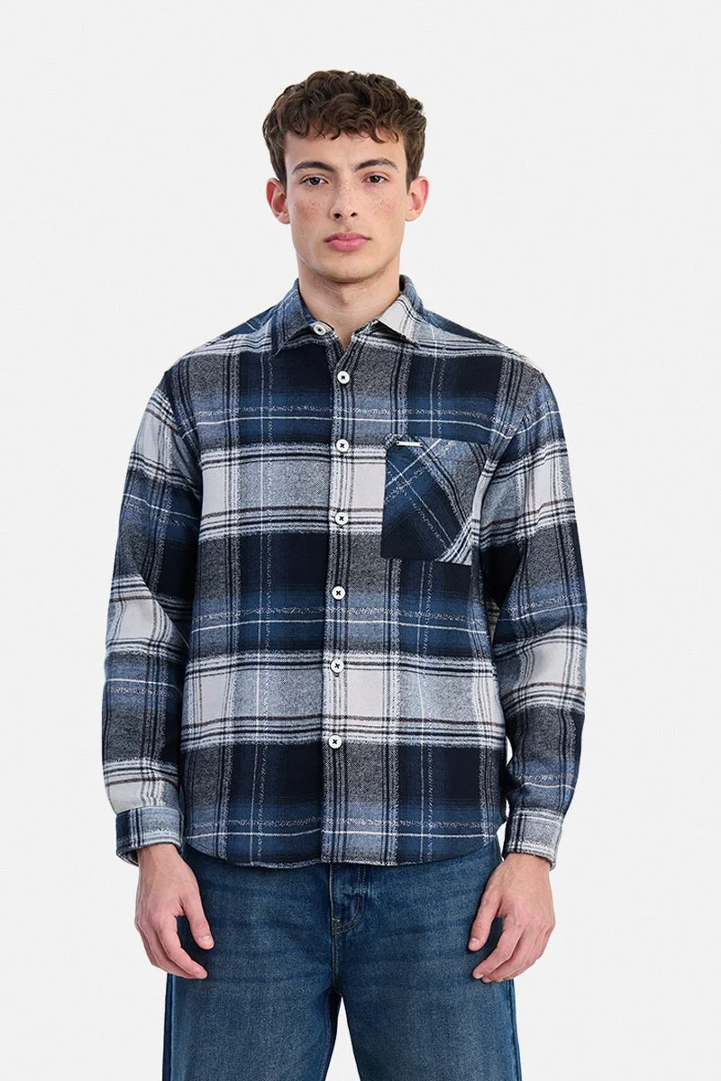 سنيتش Navy Blue Checkered Long Sleeve Oversized Shirt