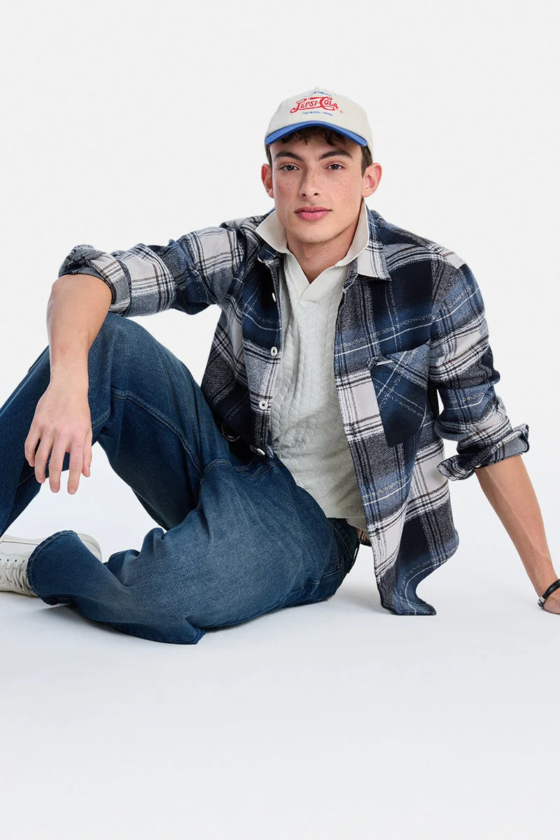 SNITCH Navy Blue Checkered Long Sleeve Oversized Shirt