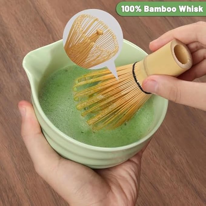 Nekit Japanese Matcha Set  Bowl With Spout Whisk Holder Bamboo Whisk And Scoop Mottled Green Glaze Ceramic Tea Kit For Lovers - Image 4
