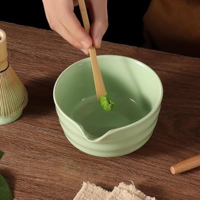 Nekit Japanese Matcha Set  Bowl With Spout Whisk Holder Bamboo Whisk And Scoop Mottled Green Glaze Ceramic Tea Kit For Lovers - Image 3