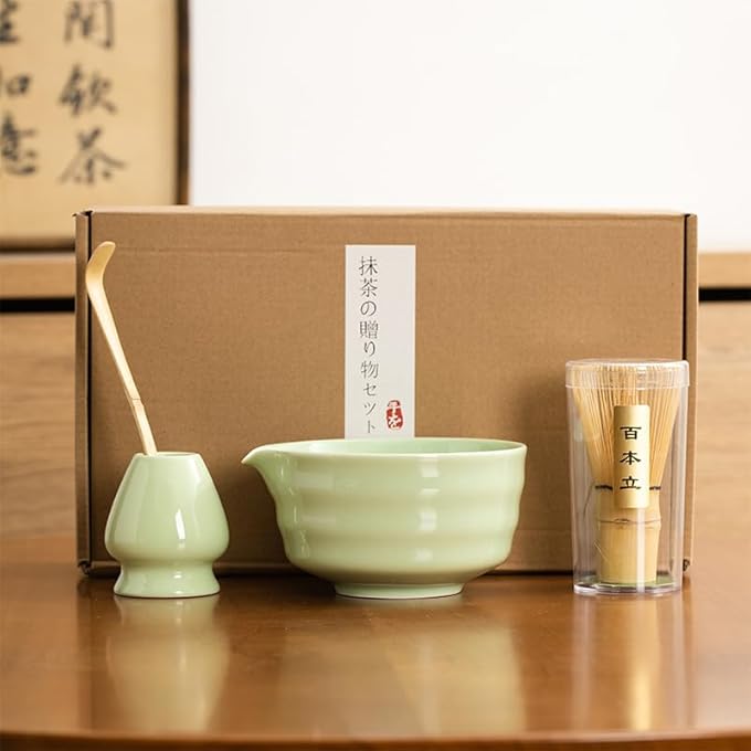 Nekit Japanese Matcha Set  Bowl With Spout Whisk Holder Bamboo Whisk And Scoop Mottled Green Glaze Ceramic Tea Kit For Lovers - Image 1