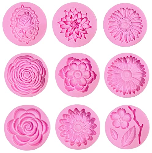 DD-life 9 Pcs Flowers Fondant Molds Silicone Molds for Cupcake Dessert Chocolate Jelly Cookie Decor, Jewelry, Pastry, Chocolate,Handmade Soap Mould Candy Making - Image 1