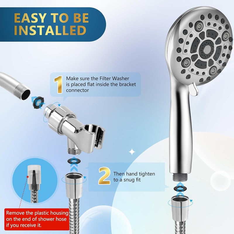 DAKINGS 6 Spray Modes High Pressure Handheld Showerhead Set Upgraded 5 Inches Shower Head with Handheld Spray Premium Chrome Handheld Shower Head 60 Inches Stainless Steel Hose-1-Min Install - Image 5