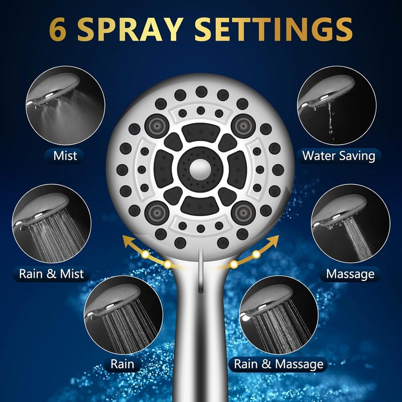 DAKINGS 6 Spray Modes High Pressure Handheld Showerhead Set Upgraded 5 Inches Shower Head with Handheld Spray Premium Chrome Handheld Shower Head 60 Inches Stainless Steel Hose-1-Min Install - Image 2