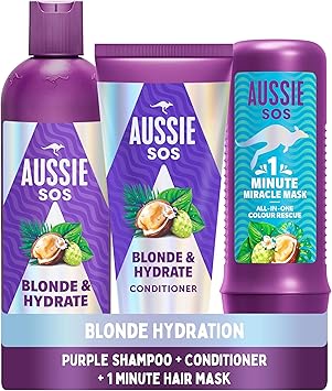 Aussie مجموعة Aussie Blonde Hydration شامبو بلون أرجواني نباتي وبلسم وقناع شعر معجزة لمدة 3 دقائق تونر فضي يحيّد درجات اللون الأصفر النحاسي للشعر المرطب - Image 1