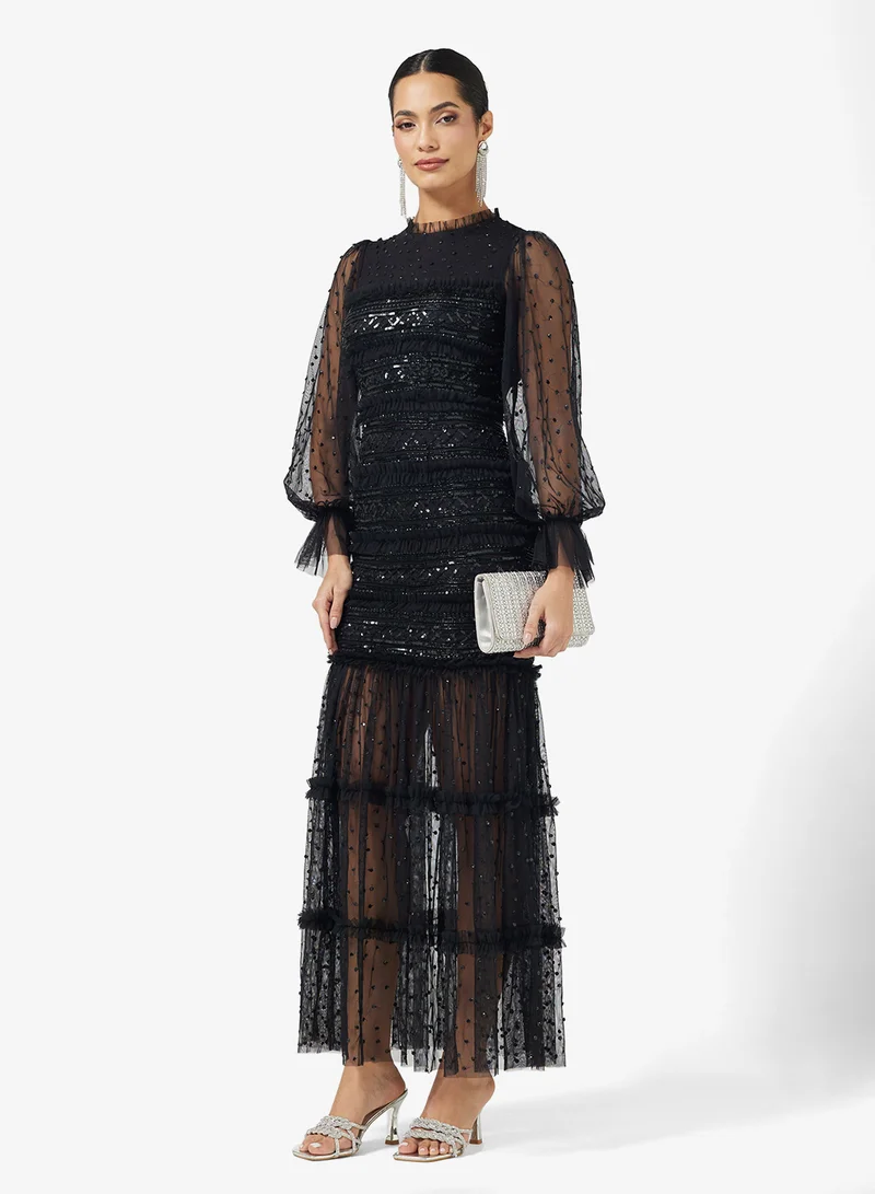 مايا Embellished Ruffle Detail Mesh Sleeve Maxi Dress