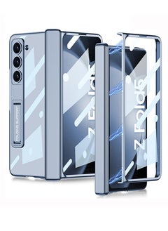 Case for Galaxy Z Fold 5 Magnetic Hinge Coverage Protection Ultra Thin Transparent Plating Crystal Built-in 3-Gears Adjustment Kickstand Front Glass All-Inclusive Clear-Blue