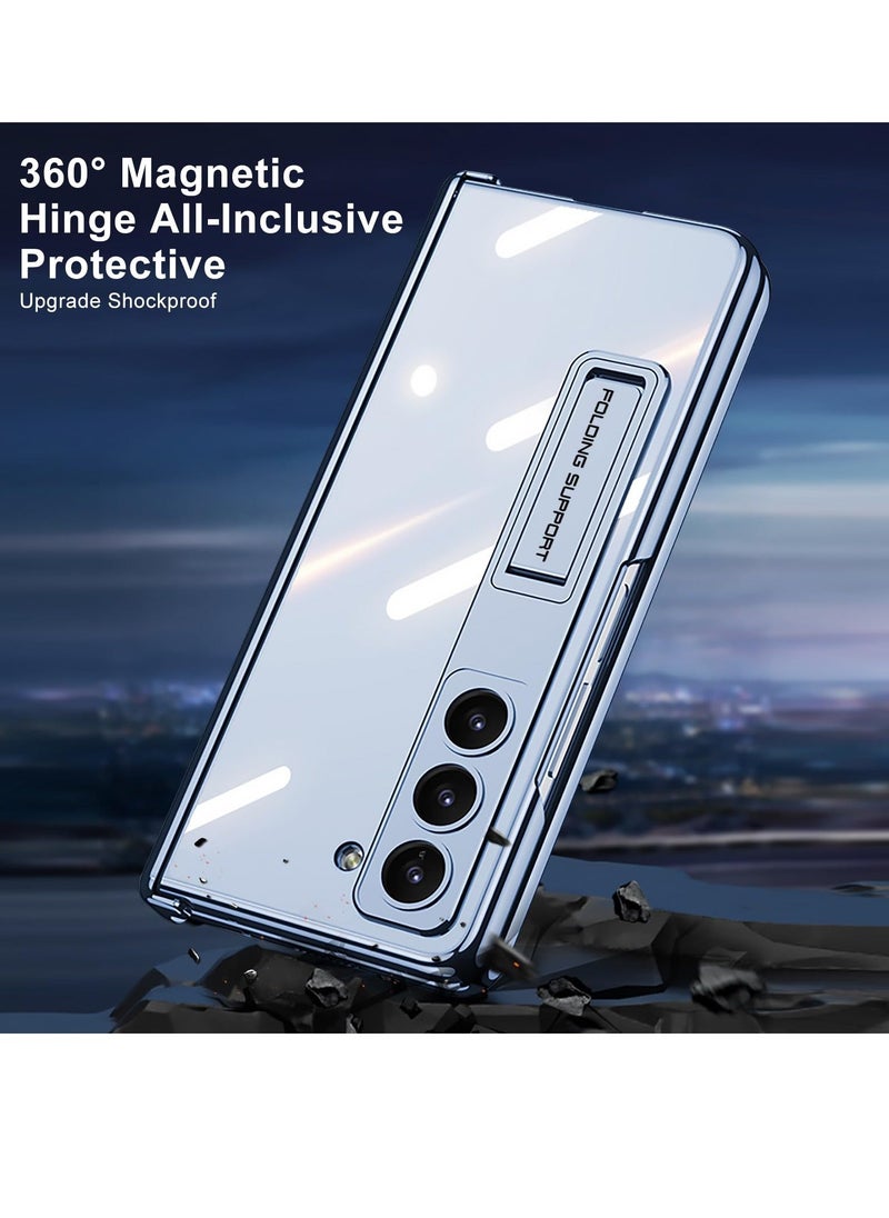Y&D - Case for Galaxy Z Fold 5 Magnetic Hinge Coverage Protection Ultra Thin Transparent Plating Crystal Built-in 3-Gears Adjustment Kickstand Front Glass All-Inclusive Clear-Blue - Image 1