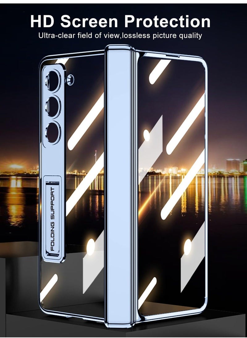 Y&D - Case for Galaxy Z Fold 5 Magnetic Hinge Coverage Protection Ultra Thin Transparent Plating Crystal Built-in 3-Gears Adjustment Kickstand Front Glass All-Inclusive Clear-Blue - Image 1