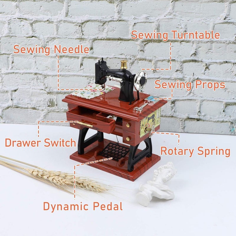 Luckam صندوق موسيقي على شكل ماكينة خياطة، آلية يدوية قديمة، زخرفة طاولة كلاسيكية صغيرة موسيقية (بني) - Image 3