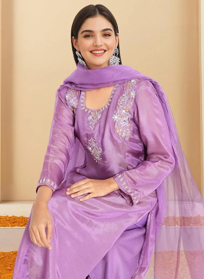 آي شين Women's Lilac Polyester Printed Tunic Top With Ankle Palazzo Flared 3 Peice Kurta Set