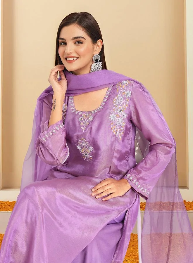 آي شين Women's Lilac Polyester Printed Tunic Top With Ankle Palazzo Flared 3 Peice Kurta Set