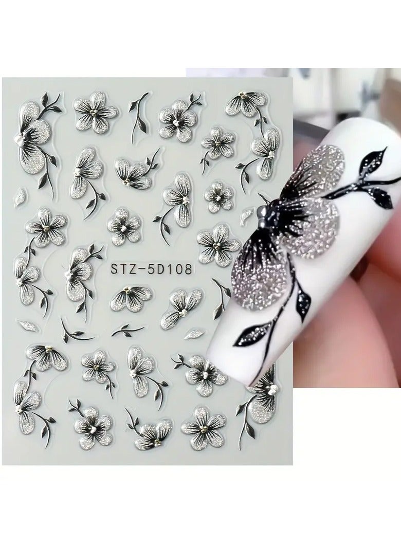 Goolsky 5D Sparkling Floral Nail Art Stickers - Self-Adhesive Acrylic Decals with Glitter Plum, Peach & Cherry Blossoms for Elegant Manicure - Image 4