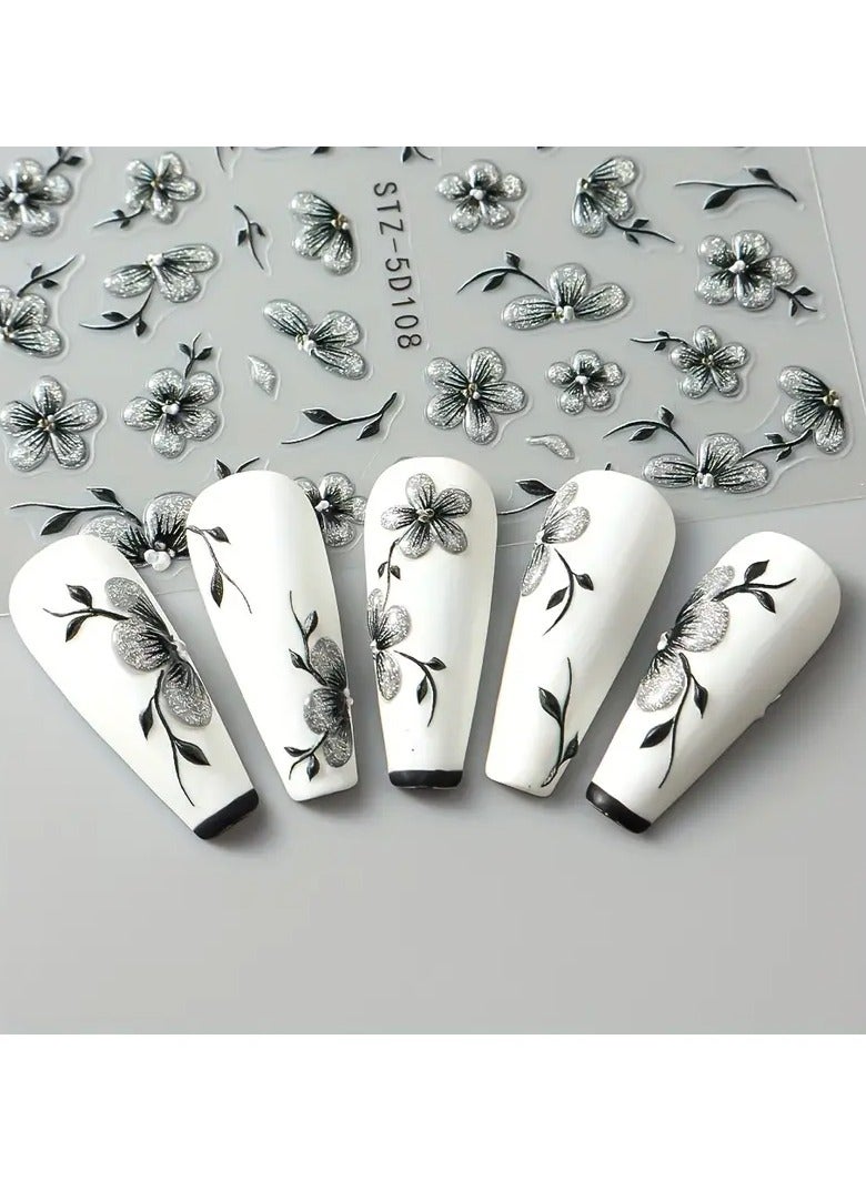 Goolsky 5D Sparkling Floral Nail Art Stickers - Self-Adhesive Acrylic Decals with Glitter Plum, Peach & Cherry Blossoms for Elegant Manicure - Image 5