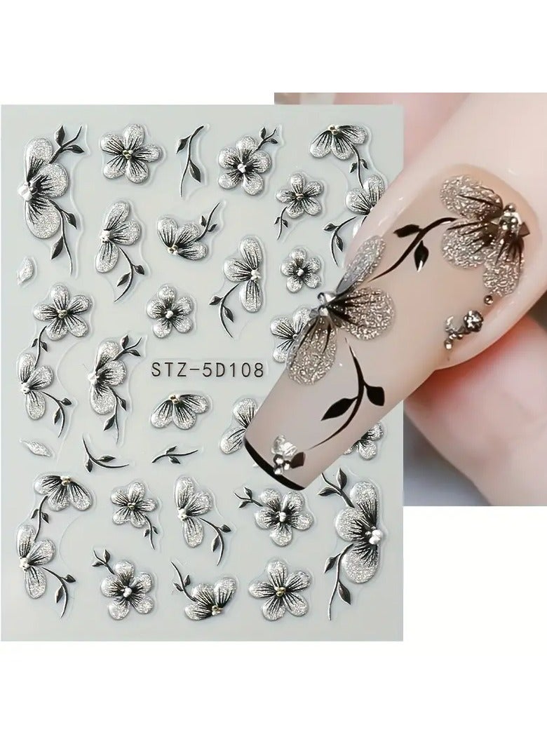 Goolsky 5D Sparkling Floral Nail Art Stickers - Self-Adhesive Acrylic Decals with Glitter Plum, Peach & Cherry Blossoms for Elegant Manicure - Image 1