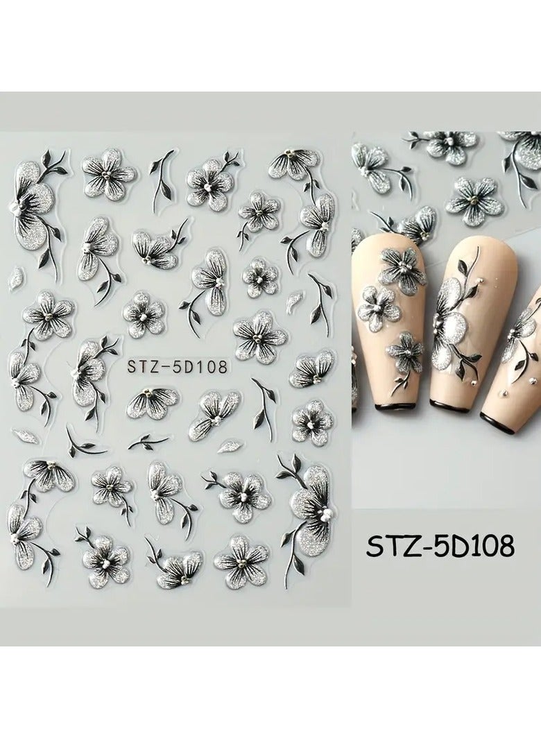 Goolsky 5D Sparkling Floral Nail Art Stickers - Self-Adhesive Acrylic Decals with Glitter Plum, Peach & Cherry Blossoms for Elegant Manicure - Image 2