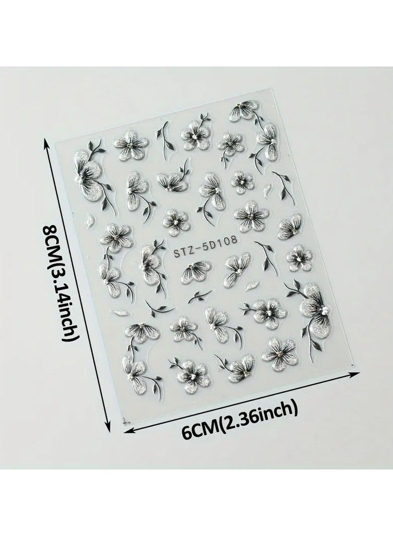 Goolsky 5D Sparkling Floral Nail Art Stickers - Self-Adhesive Acrylic Decals with Glitter Plum, Peach & Cherry Blossoms for Elegant Manicure - Image 3